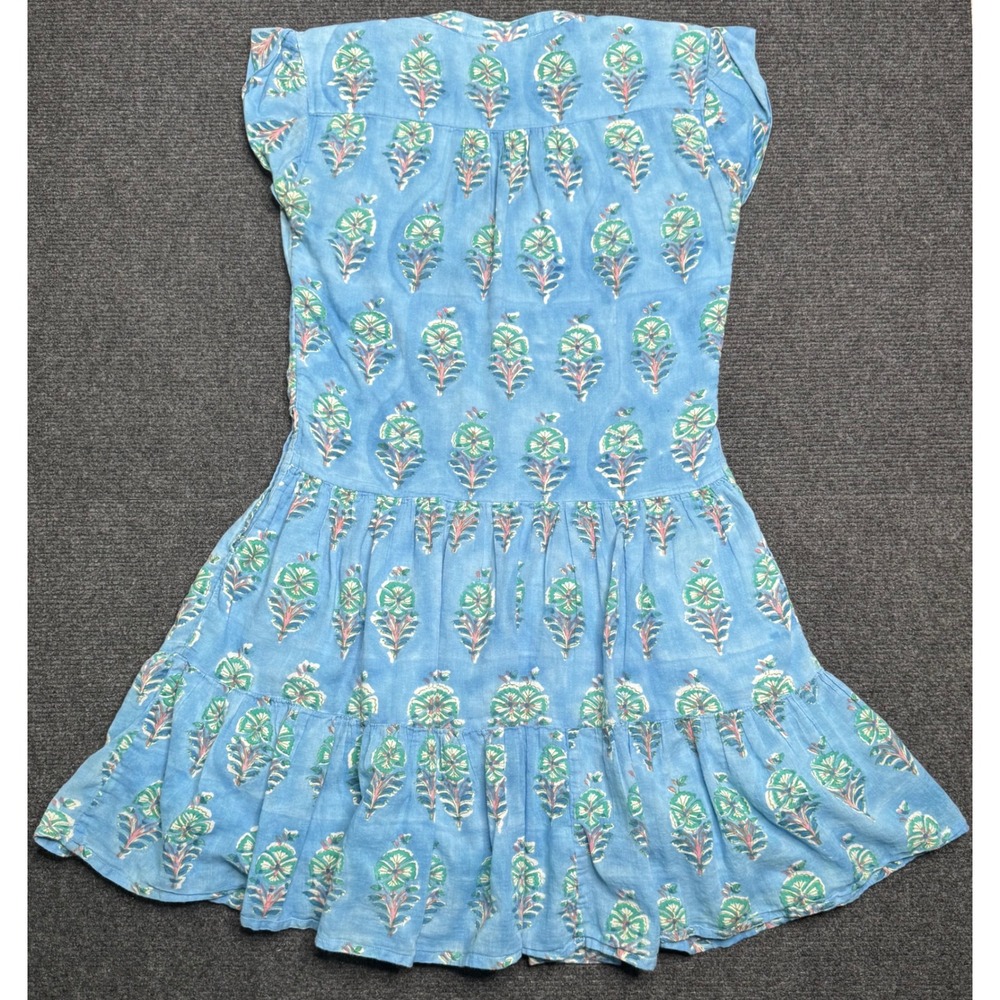 Oliphant Roll Sleeve Blue Floral Print Cotton Tiered Dress Womens XS Boho Chic - Picture 4 of 7